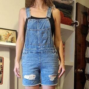 Blue Denim Overalls with Distressed Details